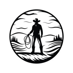 Silhouette Cowboy Standing in Grassy Field with Lasso in Circle Icon Design