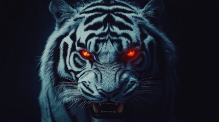 Glowing-eyed white tiger snarls, dark background; wildlife, power, nature