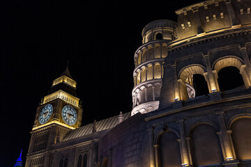 Beautifully illuminated figures, buildings, and sculptures in the famous Global Village theme park, Dubai