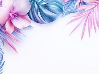 Obraz premium Pastel pink and blue tropical leaves and flowers corner border on white background