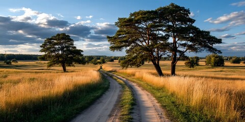 Winding path through golden field trees ablaze