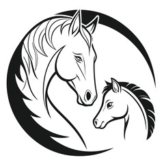 Mare and Foal Horse Head Silhouette in Oval Frame