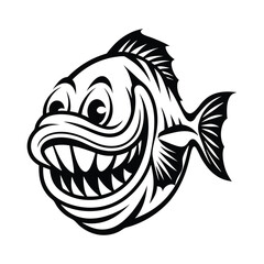 Cartoon Piranha with Sharp Teeth, Black and White on Isolated Background
