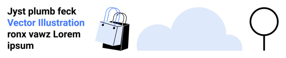 Shopping bag beside a magnifier and a large cloud in background. Ideal for online shopping, e-commerce, retail, product search, marketing, logistics, consumer behavior, flat landing page banner