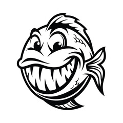 Cartoon Fish Smiling Showing Sharp Teeth, Black and White, Fish Icon, Silhouette, Outline