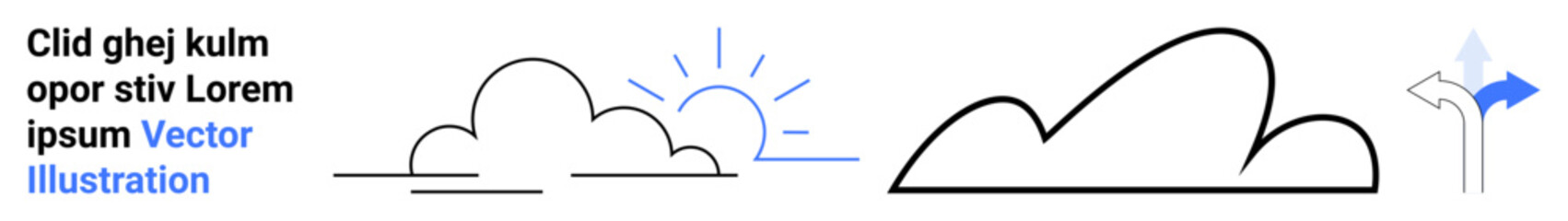 Abstract cloud shapes accompanied by a rising sun and directional arrow symbols. Ideal for weather, travel, choice, optimism, clarity, digital design, simple landing page