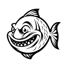 Black and White of a Cartoon Fish with Sharp Teeth, Evil Grin, Isolated