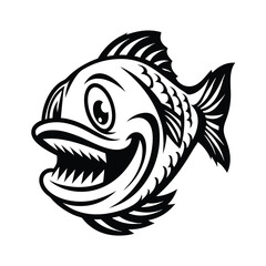 Black Silhouette of Fish with Sharp Teeth, Open Mouth, and Detailed Fins Isolated