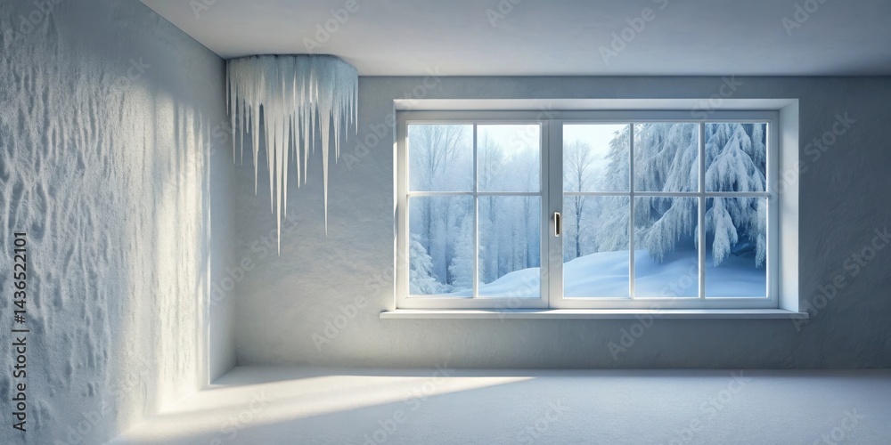 Poster icy interior winter window view and melting icicles hanging from ceiling in an empty room