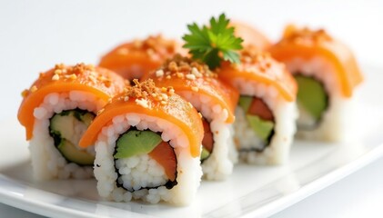 Various sushi rolls on white background, close-up , seafood, sushi