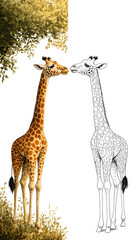 Obraz premium Two giraffes, one in full color and the other a black and white outline