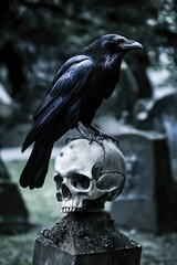 A raven stood upon a human skull in a cemetary, very detailed, anatomically correct, clean and crisp realistic photo created by ai