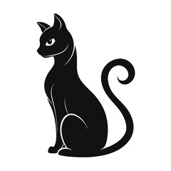 Elegant Black Cat Silhouette Illustration, Sitting with Tail Curled, Isolated on White