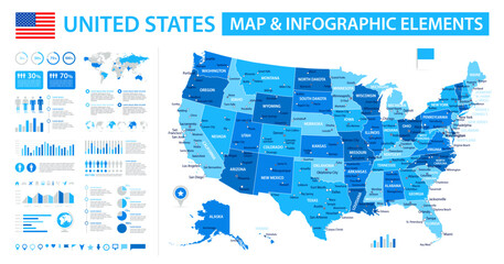 United States Infographic Map with Data Visualization Elements - Vector Map of United States of America