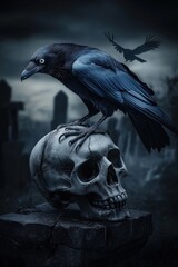 A raven stood upon a human skull in a cemetary, very detailed, anatomically correct, clean and crisp realistic photo created by ai