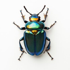 a shiny blue-green and orange beetle, isolated on a white background.