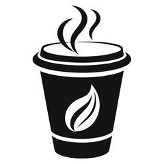 Black and white silhouette of a steaming disposable cup with leaf emblem design