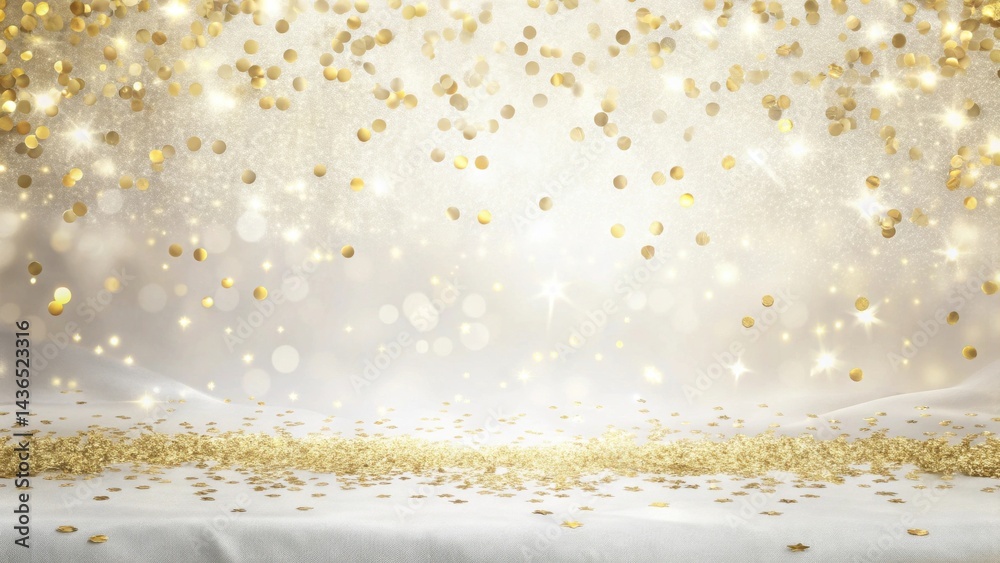 Aufkleber a festive celebration scene with falling golden confetti and sparkling lights on a soft white surfac