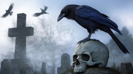A raven stood upon a human skull in a cemetary, very detailed, anatomically correct, clean and crisp realistic photo created by ai