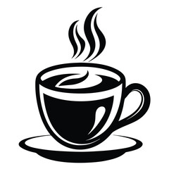 Black Silhouette Cup with Steam on Saucer, Isolated on White Background, Stylish Icon