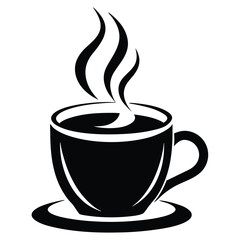 Black Cup of Hot Beverage on Saucer with Rising Vapor Isolated on White Backdrop