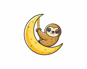 Quirky Sloth Hanging from Minimalist Moon on White Background