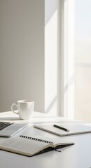 Modern Office Desk Background with Laptop and Coffee Mug