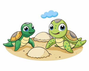 Baby Sea Turtles Hatching Beach Illustration on White Background
