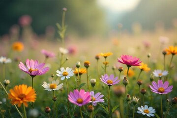 Scattered wildflowers in muted tones, soft focus, summer, art, country