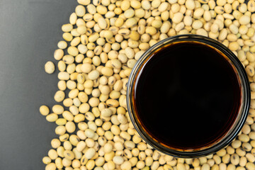 Soy Sauce Composition with Whole Soy Beans Top View