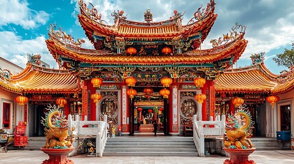 Ornate temple roof under clouds high resolution picture