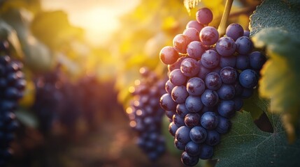 Close-up of ripe purple grapes on a vine with leaves in sunlight.