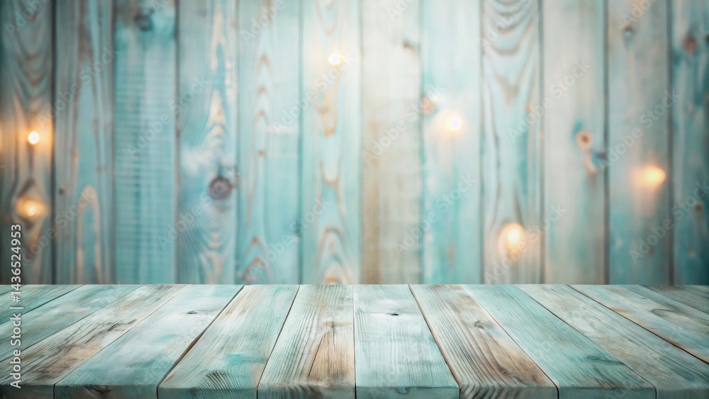 Poster Rustic Wooden Tabletop with Softly Lit Teal Background Ideal for Product Display and Festive Mockups