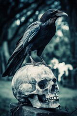 A raven stood upon a human skull in a cemetary, very detailed, anatomically correct, clean and crisp realistic photo created by ai