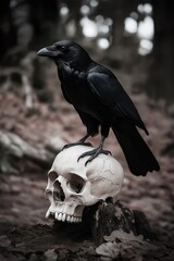 A raven stood upon a human skull in a cemetary, very detailed, anatomically correct, clean and crisp realistic photo created by ai