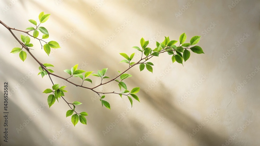 Poster a delicate branch with vibrant, fresh spring leaves gracefully extends against a subtly textured, li