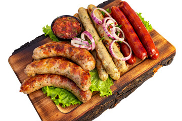 Variety of grilled sausages served on a wooden platter with toppings