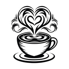 Black and White Coffee Cup Silhouette with Heart Shaped Swirls Isolated on White