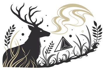 Fototapeta premium 67 Dark silhouette, deer head, antlers, smoke effect, abstract art, black and gold, ethereal, surreal, mystical creature, nature spirit, ink splatter, roots, organic shapes, flowing tendrils, dramatic