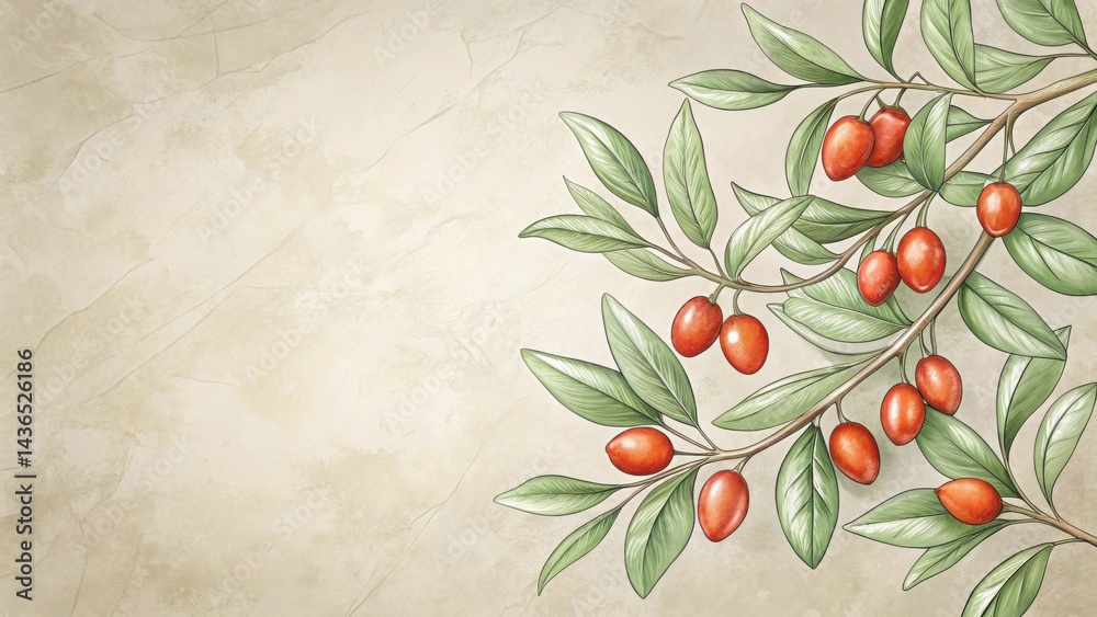 Aufkleber elegant botanical illustration of a branch with abundant red berries and lush green leaves on a text
