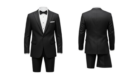 A front and back view of a black tuxedo with a bow tie and a white pocket square on a mannequin