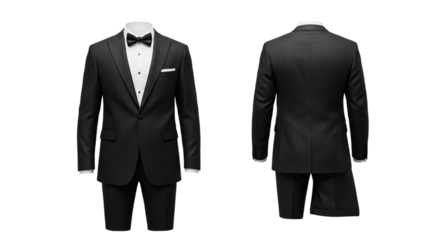 A front and back view of a black tuxedo with a bow tie and a white pocket square on a mannequin