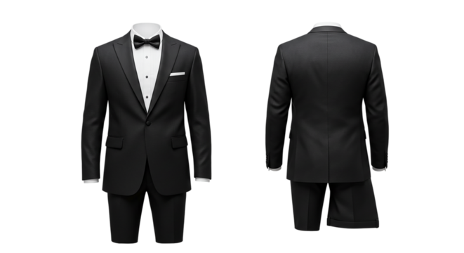 A front and back view of a black tuxedo with a bow tie and a white pocket square on a mannequin