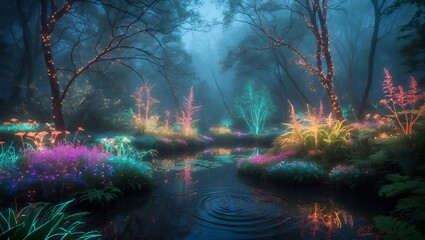 Obraz premium Glowing garden in foggy forest with water ripples