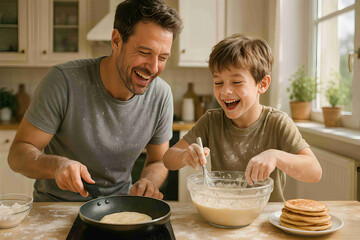 A genuine lifestyle moment of a father and his school-age son joyfully making pancakes together, surrounded by sunlight, flour, and playful mess in a cozy kitchen setting.
