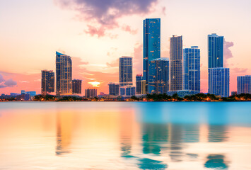 Naklejka premium Stylized illustration of a city skyline reflected in water with bright colors and elongated shadows, high quality, generative ai