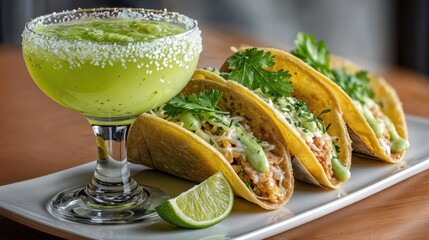 Freshly made tacos filled with savory ingredients sit alongside a colorful drink garnished with lime and salt, inviting diners to indulge in a culinary delight during a lively meal.