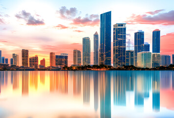 Fototapeta premium Stylized illustration of a city skyline reflected in water with bright colors and elongated shadows, high quality, generative ai