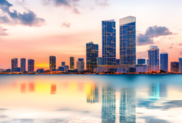 Obraz premium Stylized illustration of a city skyline reflected in water with bright colors and elongated shadows, high quality, generative ai