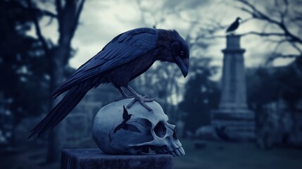 Fototapeta premium A raven stood upon a human skull in a cemetary, very detailed, anatomically correct, clean and crisp realistic photo created by ai